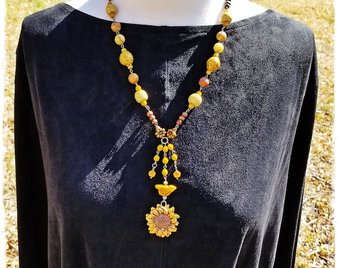 SALE! SUNFLOWER BEADED Boho Necklace- Bohemian Jewelry, Gemstones & Honey Glazed Artisan Made Ceramic Beads, Hand-Beaded Chain, Wearable Art