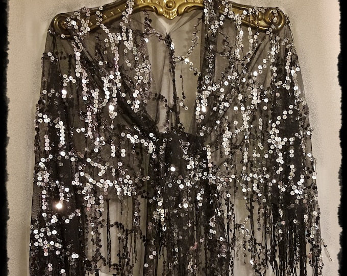 SHEER SEQUINED TASSEL Boho Shawl - Sparkling Silver Hippie Cloak, Bling-Fringed Gypsy Festival Wrap, Lace-Mesh Party Cape  [SH2560]