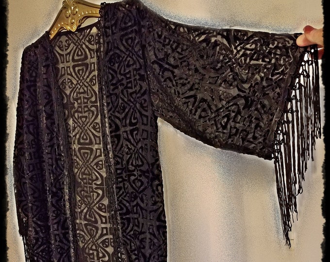 BLACK BURNOUT VELVET Kimono Jacket - Festival Duster, Silky Fringe Kimono Robe, Hippie-Chic Haori, Gypsy Devore Opera Coat  [KJ2547]