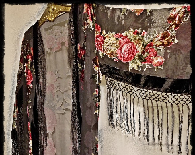 LONG FLORAL Burnout Velvet Kimono Jacket - Festival Outwear Robe, Silky Fringe Hippie-Chic Duster, Gypsy Devore Opera Coat [KJ2637]