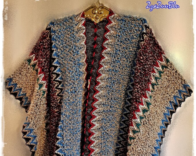 SALE!! COLORFUL BLANKET-Style Kimono - Tasseled Gypsy Wrap, Native American Boho Cloak, Warm Winter Wrap, Hippie-Chic Festival Cape [K2201]