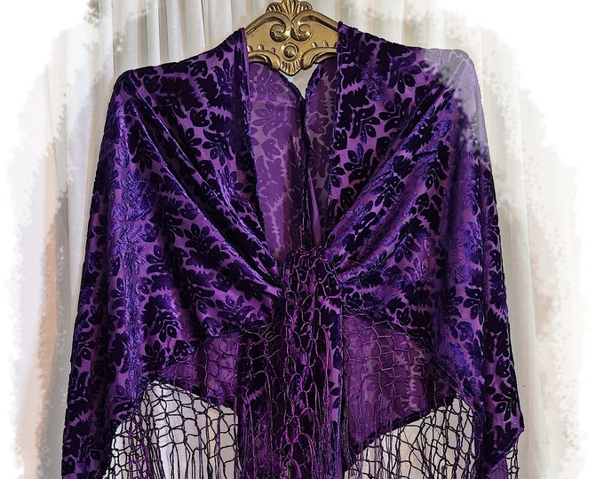 GYPSY-CHIC Velvet Shawl -Burnout Velvet Cape, "Petite-Fleur" Floral Piano Scarf Fringed Cloak, Stevie Nicks Style Shawl, Boho Wrap [SH2631]