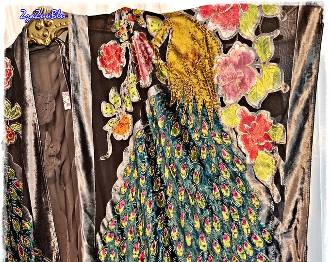 EXQUISITE BEADED Peacock Kimono - SilverGray Burnout Velvet, AB Beaded Fringe, Hippie Haori, Boho Festival Topper, Gypsy Chic Jacket [K2388]