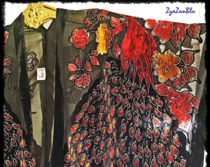 BRIGHT BOLD BURNOUT Velvet Peacock Kimono - Devore Jacket, Hippie-Chic Boho Fringe Cardigan, Festival OutWear, Gypsy Soul Wrap Haori [K2391]