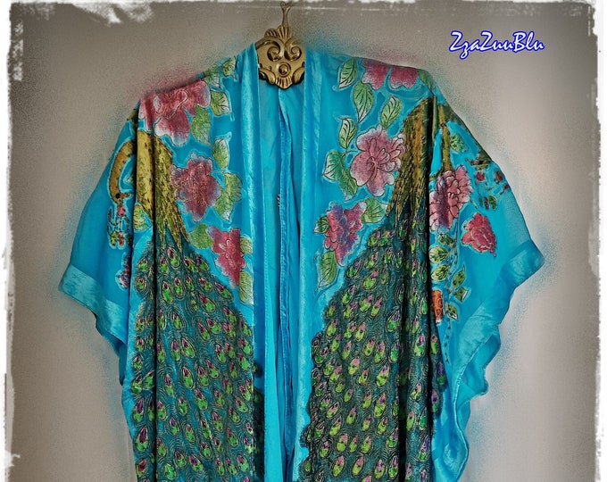 STUNNING BEADED PEACOCK Kimono -Turquoise Burnout Velvet, Hippie Haori, Sparkly Boho Festival Topper, GypsyChic Party Devore Jacket [K2645]
