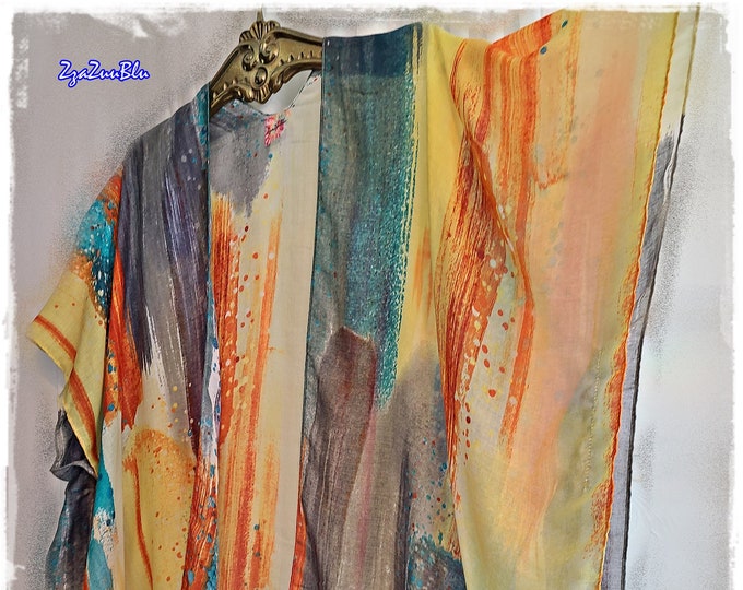 COLORFUL ABSTRACT SPLASHES - Bohemian Haori, Hippie-Chic Cotton Gypsy Robe, Summer Beach Kimono, Beach/Pool Coverup Topper  [K2329]