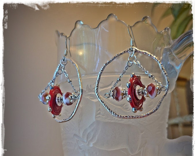 CANDY APPLE RED Lampwork-Hoop Earrings - Artisan Lampwork Beads & Czech Glass Drops, Boho Gypsy EarArt, Beaded Festival Hippie Earrings