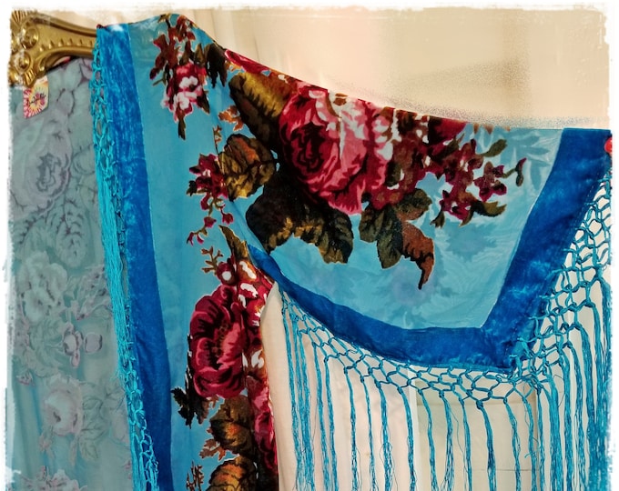 TURQUOISE BURNOUT VELVET Kimono - Boho Velvet Festival Jacket, Silky Fringe Kimono, Hippie Haori, Gypsy Floral Devore Cardigan [KJ2610]