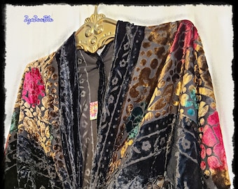 HIPPIE CHIC Piano-Scarf Fringed SHAWL - Boho Cloak, Burnout Velvet Colorful Gypsy-Chic Party Cape, Festival Wrap Stevie-Style [SH2521]