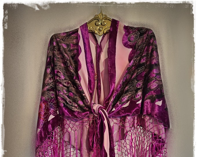 PEACOCK HIPPIE SHAWL - Hot Pink Magenta Burnout Velvet Gypsy Cape, HippieChic Festival Wear, Boho Party Cloak, Fringed Velvet Shawl [SH2360]