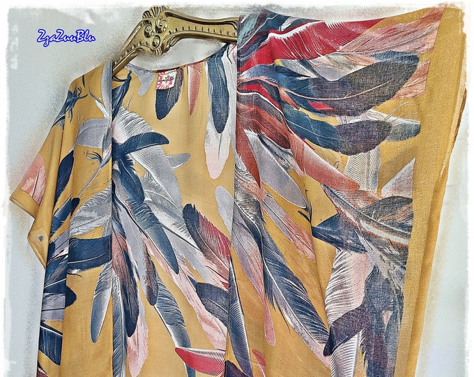 FEATHER RUANA KIMONO - Colorful Abstract Boho Haori, Cotton Gypsy Soul Robe, Summer Beach Kimono, Tribal Beach/Pool Coverup Topper  [K2368]