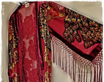 LANGE BURNOUT SAMT Peacock Duster Kimono Jacke - Festival Outwear Robe, seidige Fransen Hippie-Chic Haori, Gypsy Devore Opera Coat [KJ2404]