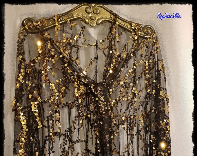 SHEER SEQUINED TASSEL Boho Shawl - Sparkling Hippie Cloak, Bling-Fringed Gypsy Festival Wrap, Stevie-Style Holiday Party Cape  [SH2602]