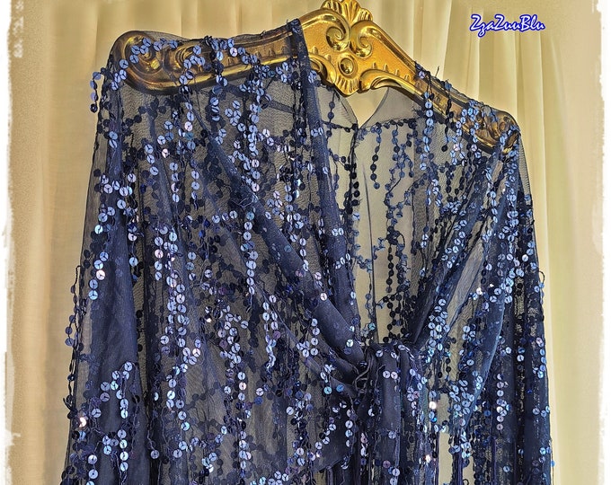 SHEER SEQUINED TASSEL Boho Shawl - Sparkling Hippie Cloak, Bling-Fringed Gypsy Festival Wrap, Stevie-Style Holiday Party Cape  [SH23-323]