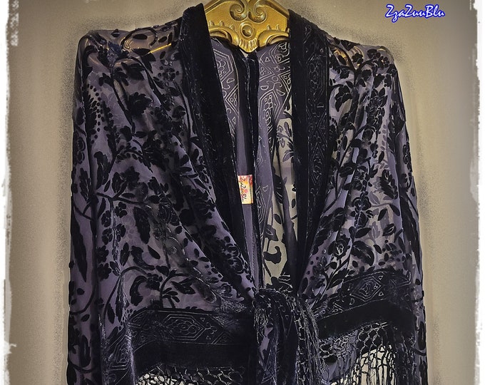 XL HIPPIE CHIC Piano-Scarf Shawl - Indigo Blue Boho Burnout Velvet Gypsy-Chic Party Cape, Hippie-Style Velvet Festival Wrap [SH2628]