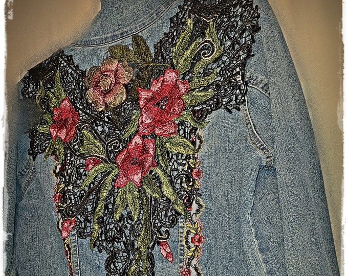 UPCYCLED Embellished SEXY Embroidered Lace Denim Jacket - Womens SMALL Jacket, Hippie-Chic Altered Bohemian Gypsy Festival Outwear [J2288]