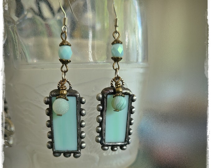 MINT GREEN Stained-Glass Drop Earrings - Hippie Chic Artisan-Made Beaded Gypsy Ear Art, Festival-Ready Bohemian Earrings