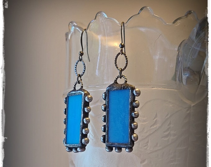 CAROLINA BLUE Stained-Glass Drop Earrings - Hippie Chic Artisan-Made Beaded Gypsy Ear Art, Festival-Ready Bohemian Earrings, Wearable Art