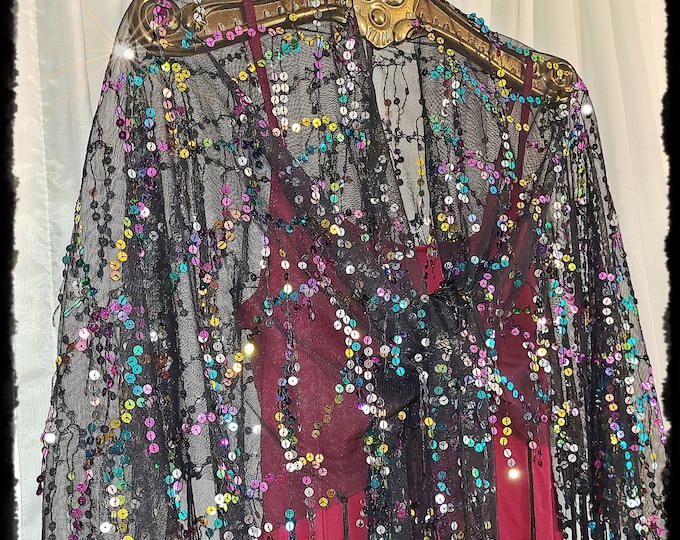 SHEER COLORFUL SEQUINED Tassel Boho Shawl - Sparkling Multi-Color Hippie Cloak, Fringed Gypsy Festival Wrap, Mesh Lace Party Cape [SH2626]