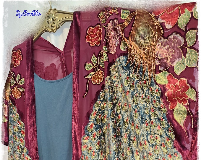 EXQUISITE BEADED PEACOCK Kimono -Burgundy Burnout Velvet, Hippie Haori, Sparkly Boho Festival Topper, Gypsy-Chic Party Devore Jacket [K2538]