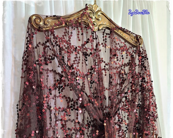 SHEER SEQUINED TASSEL Boho Shawl - Sparkling Bronze Hippie Cloak, Bling-Fringed Gypsy Festival Wrap, Mesh Lace Party Cape [SH2634]