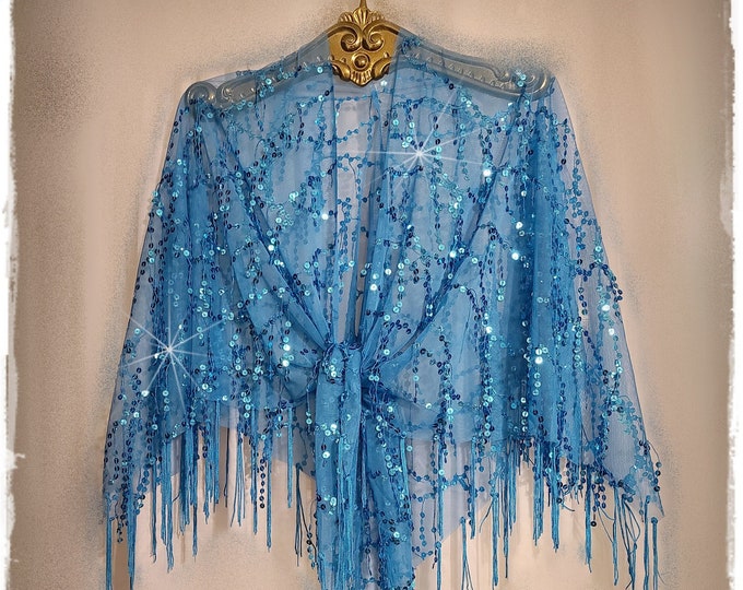 SHEER SEQUINED TASSEL Boho Shawl - Sparkling Hippie Cloak, Bling-Fringed Gypsy Festival Wrap, Stevie-Style Holiday Party Cape  [SH2382]