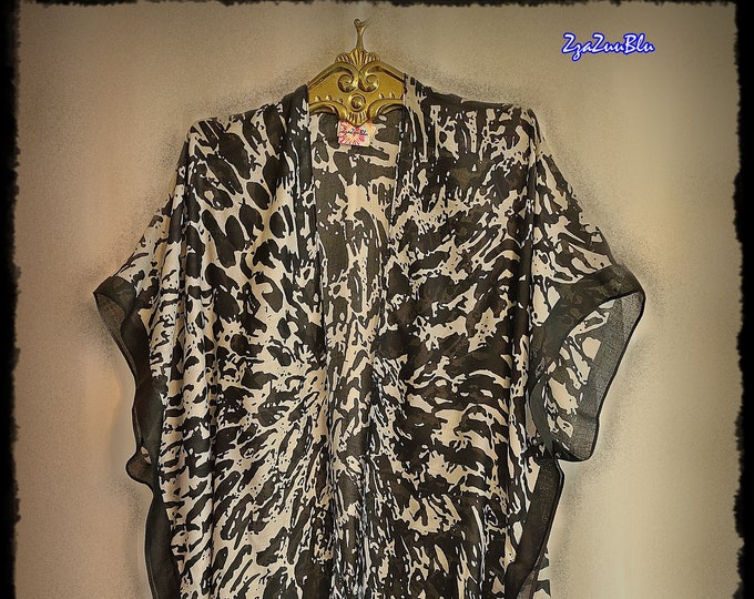 BLACK & BEIGE ABSTRACT Splashes - Bohemian Haori, Hippie-Chic Cotton Gypsy Robe, Summer Beach Kimono, Beach/Pool Coverup Topper  [K2338]