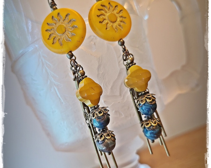 SUN GODDESS Czech Glass Earrings - "Hermosa Beach Collection/Surf Jewelry" - Czech Glass Sun Coin Bead & Gemstone Boho Summertime Earrings