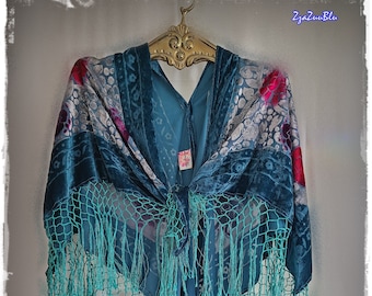 A Cloak Of Many Colors!  Burnout Velvet & Faded Roses, Bohemian Fringed Shawl, Gypsy-Chic Party Cape, Festival Concert Wrap [SH2529]
