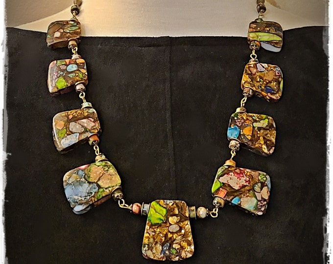 RAINBOW IMPERIAL JASPER Necklace - Colorful Bohemian Festival Jewelry, Gemstone Beads & Antiqued Brass Wearable Hippie Art