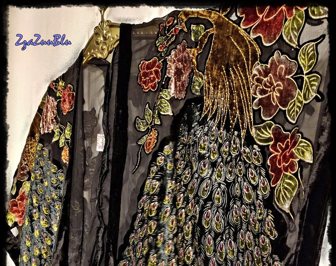 STUNNING BEADED PEACOCK Kimono - Luxe Burnout Velvet, Black Hippie Haori, Sparkly Boho Festival Topper, Gypsy-Chic Party Jacket [K2645]