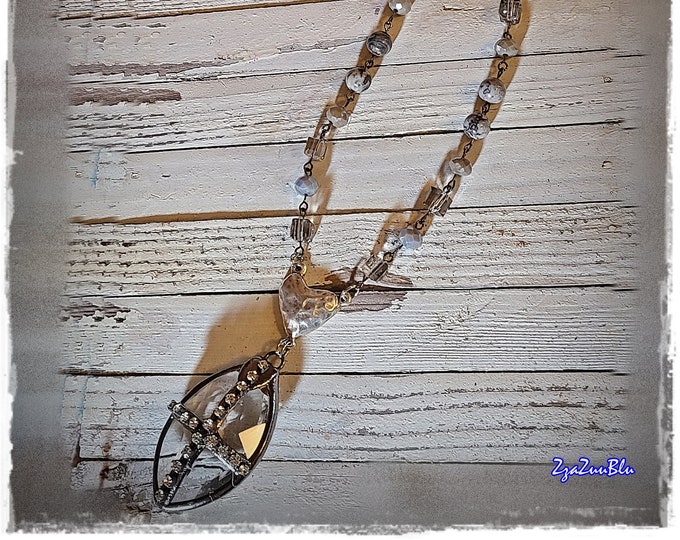 STUNNING HANDMADE Gemstone & Crystal Necklace - Artisan Beaded Chain, Handmade Beaded Wearable Art, Long Layering Gypsy/Hippie Necklace