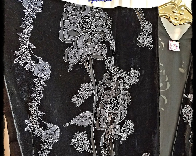 HIPPIE-CHIC FLORAL Kimono - Large Burnout Velvet Ruana, Black & Gray Fringed Devore Coverup, Bohemian Haori, Gypsy Festival Jacket [K2559]