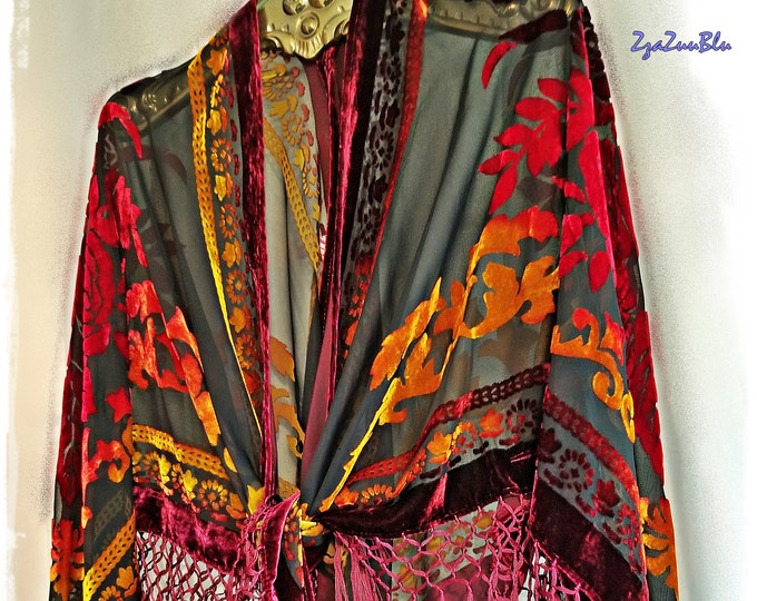 XL HIPPIE CHIC Piano-Scarf Bohemian Fringed Shawl - Boho Cloak/Burnout Velvet Gypsy-Chic Cape/Stevie-Style Velvet Festival Wrap [SH2635]