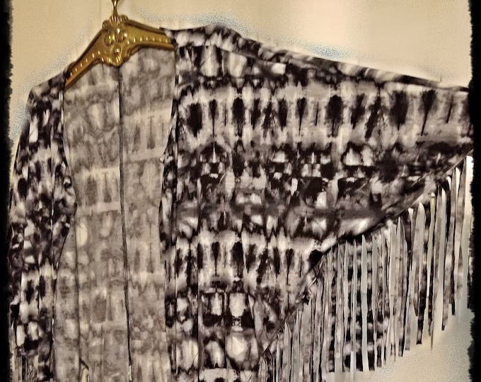 SALE! BOHEMIAN TIEDYED Fringe Jacket - Black & White Gypsy Style (w/armholes), Hippie-Chic Festival Cardigan Cape, Casual Boho Cloak [J2012]