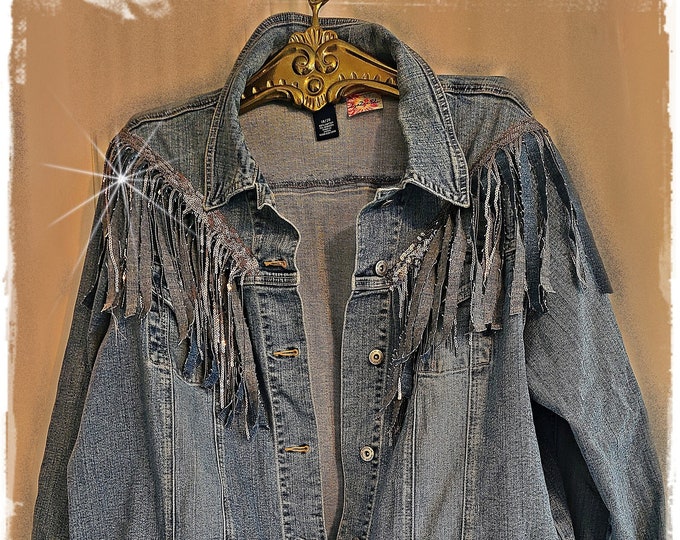 UPCYCLED Fringe & Sequin Embellished Denim Jacket - Womens LARGE Jacket, Hippie-Chic Altered Bohemian Gypsy Festival Outwear [J2390]