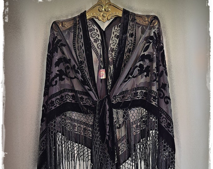 XL BLACK Hippie-Chic Piano-Scarf Shawl - Fringed Boho Cloak/Burnout Velvet Gypsy-Chic Party Cape/Hippie-Style Velvet Festival Wrap [SH2629]