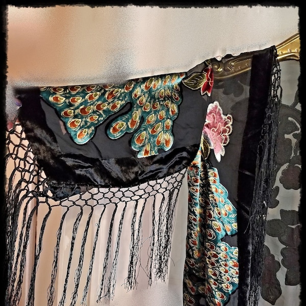 PEACOCK BURNOUT Velvet Kimono - Boho Velvet Festival Jacket, Silky Fringe Kimono, Hippie Haori, Colorful Gypsy Kimono [KJ2359]
