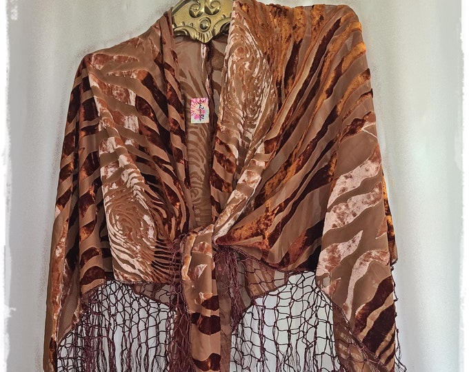 FABULOUS BURNOUT Velvet Shawl - Golden Brown Animal Print Cloak, Fringed Gypsy Cape, Stevie-Style Shawl, Boho Festival Cape [SH2501]