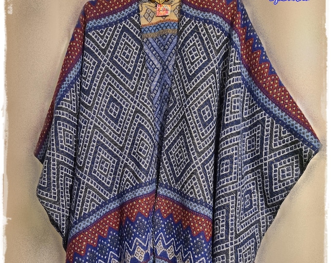 SOUTHWEST NATIVE AMER Design Wool Kimono - Fringed Santa Fe Style Cloak, HippieChic Indian Blanket Jacket, Navy Blue Festival Serape [K2408]