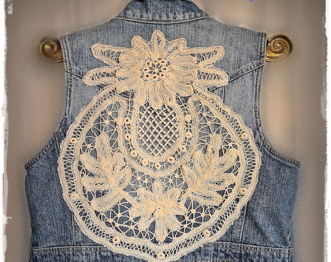 UPCYCLED CROCHET-Embellished Denim Vest - Distressed Womens Shabby-Chic Vintage Biker Vest, Altered Bohemian Gypsy Festival Outwear [V2301]
