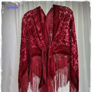 HIPPIE CHIC Piano-Scarf Shawl XL - Burgundy Boho Burnout Velvet Gypsy-Chic Party Cape/60's Hippie-Style Velvet Festival Wrap [SH2409]