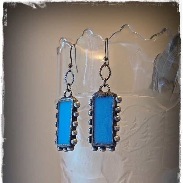 CAROLINA BLUE Stained-Glass Drop Earrings - Hippie Chic Artisan-Made Beaded Gypsy Ear Art, Festival-Ready Bohemian Earrings, Wearable Art