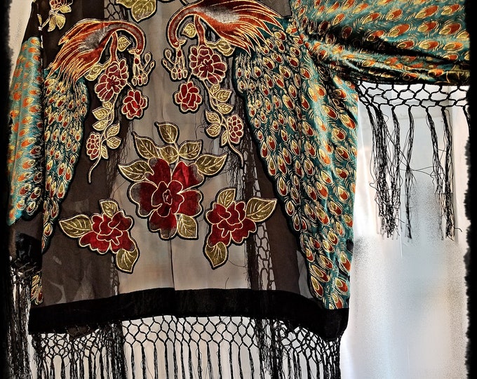BURNOUT VELVET PEACOCK Kimono (Medium) - Boho Velvet Festival Jacket, Silky Fringe Kimono, Hippie Haori, Colorful Gypsy Kimono [KJ2640]