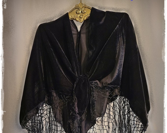 BLACK VELVET FRINGE Shawl - Piano-Scarf Fringed Cape, Hippie-Chic Festival Boho Party Cloak, Roomy Unique "5-Point" Design [SH2605]