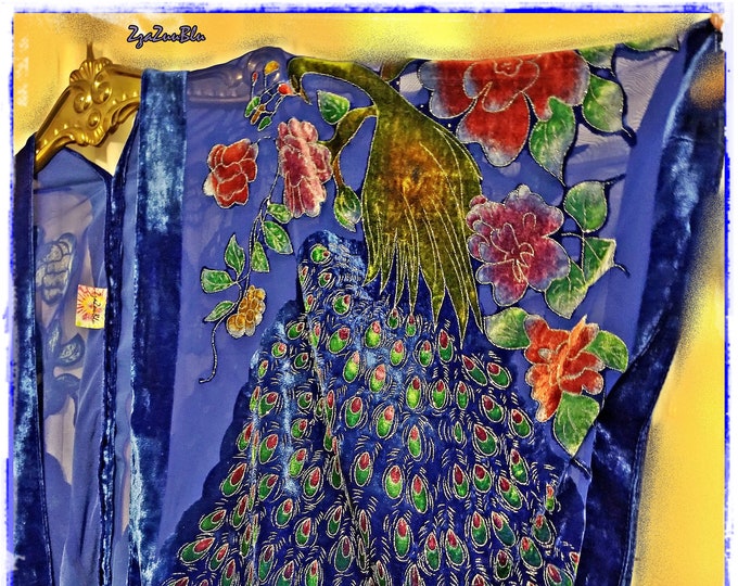 BRILLIANT BLUE VELVET Boho Kimono -Peacock Floral Design, Exotic Hippie Chic Haori, Gypsy-Style Festival OutWear, Hot Blue Topper [K2525]