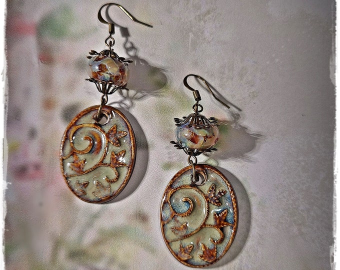 TOPANGA CANYON COLLECTION c.1969 - Trippy HippieChic Dangle Porcelain Earrings, Boho Earrings, Sage Green/Rust + Glass Bead, Ear Art [TCC36]