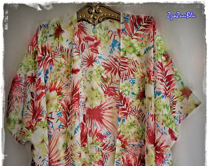 TROPICAL FLORAL CHIFFON Kimono - Flowing Hippie-Chic Haori, Beach Pool Coverup, Exotic & Bold Colorful Ruana, Gypsy Soul Robe  [K-2149]