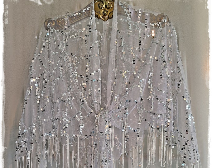 SHEER SEQUINED TASSEL Boho Shawl - Sparkling Hippie Cloak, Bling-Fringed Gypsy Festival Wrap, Lace-Mesh Party Cape  [SH2632]