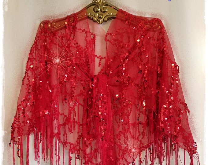 SHEER SEQUINED TASSEL Boho Shawl - Sparkling Hippie Cloak, Bling-Fringed Gypsy Festival Wrap, Stevie-Style Holiday Party Cape  [SH2248]